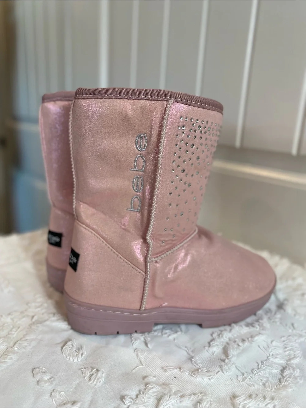 bebe Shimmery Pink Mid-Calf Girls' Boots with Rhinestones